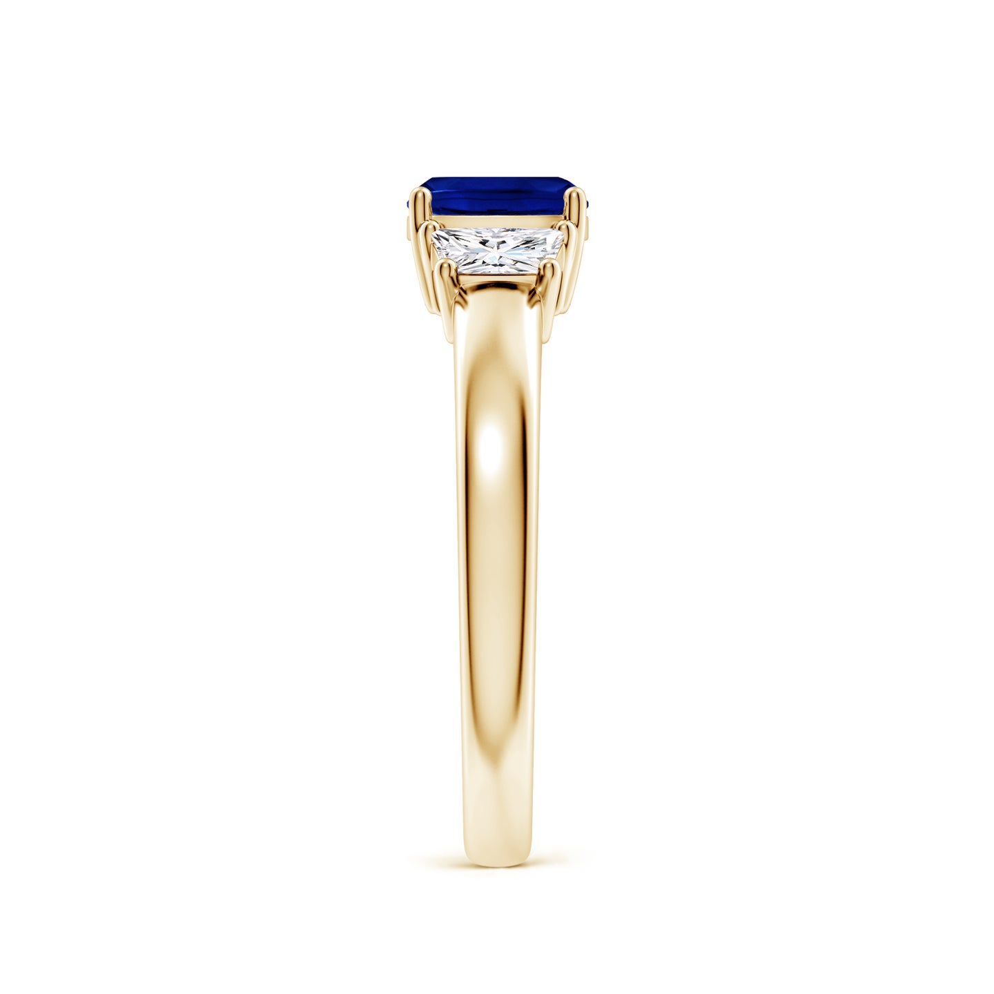 Classic Cushion Lab-Grown Blue Sapphire and Trapezoid Diamond Three Stone Engagement Ring