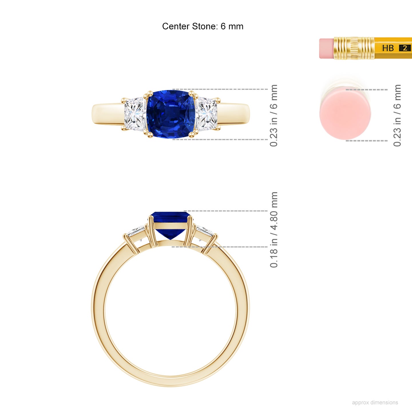 Classic Cushion Lab-Grown Blue Sapphire and Trapezoid Diamond Three Stone Engagement Ring