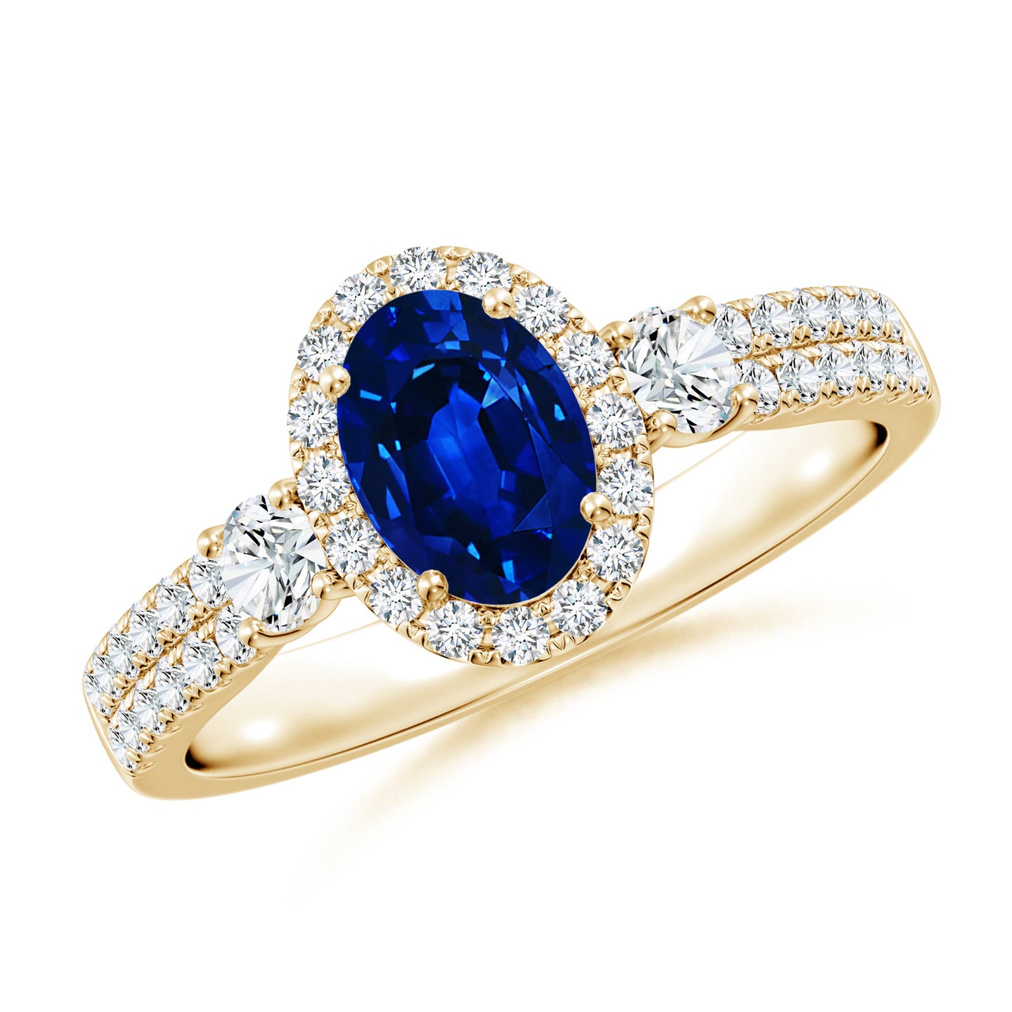 Oval Lab-Grown Blue Sapphire Halo Double Shank Engagement Ring