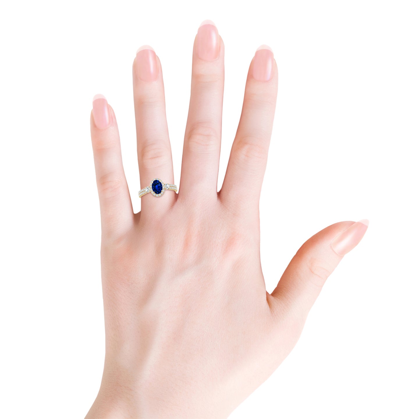 Oval Lab-Grown Blue Sapphire Halo Double Shank Engagement Ring