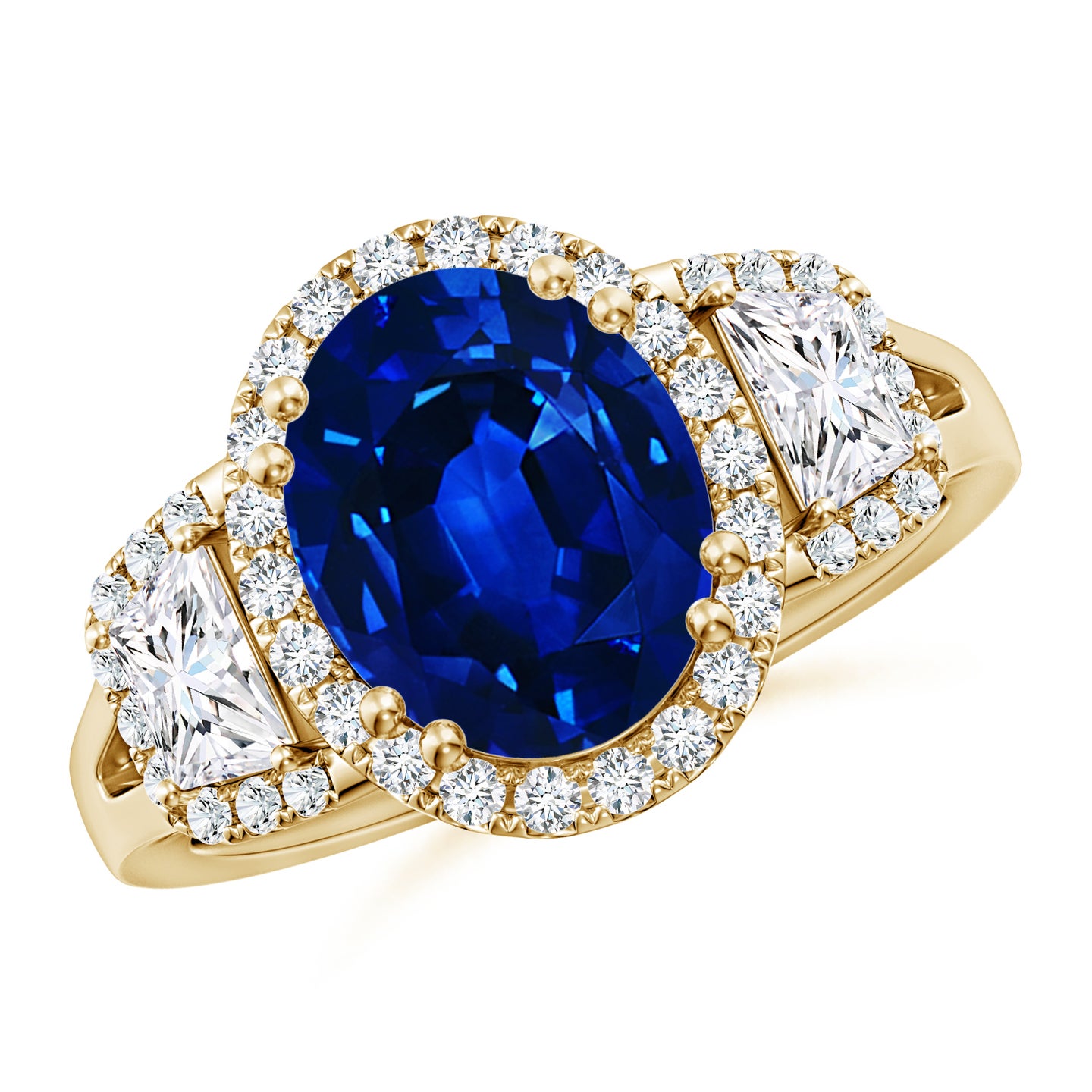 Three Stone Oval Lab-Grown Blue Sapphire and Trapezoid Diamond Halo Engagement Ring