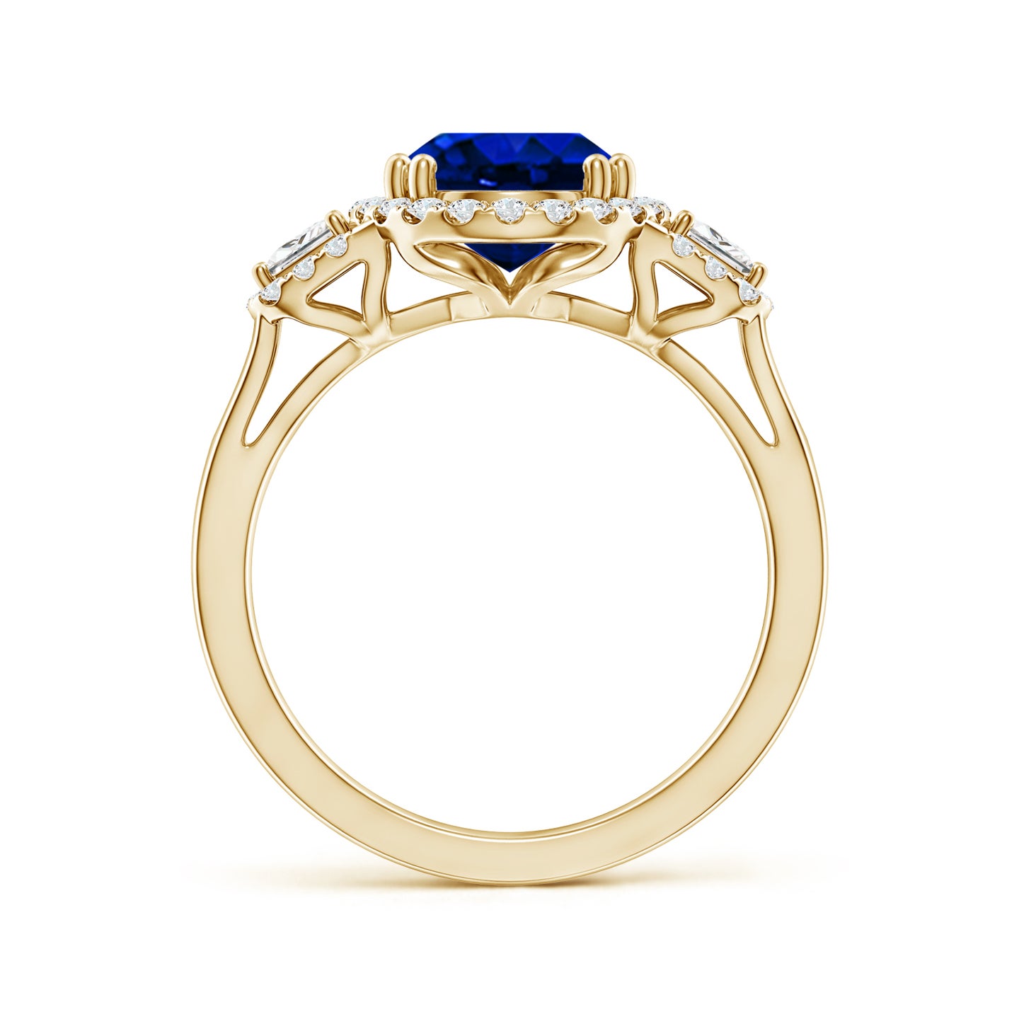 Three Stone Oval Lab-Grown Blue Sapphire and Trapezoid Diamond Halo Engagement Ring