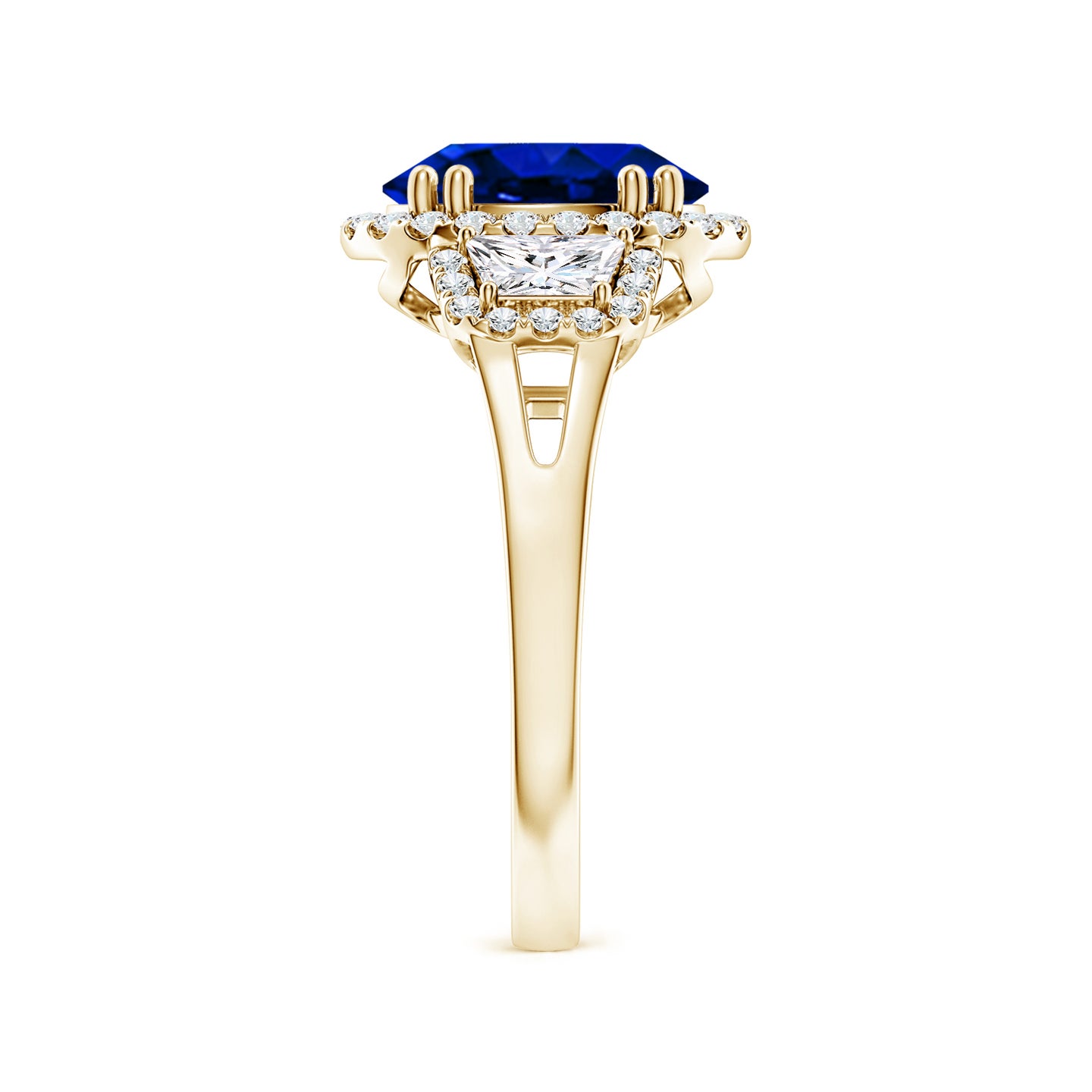 Three Stone Oval Lab-Grown Blue Sapphire and Trapezoid Diamond Halo Engagement Ring