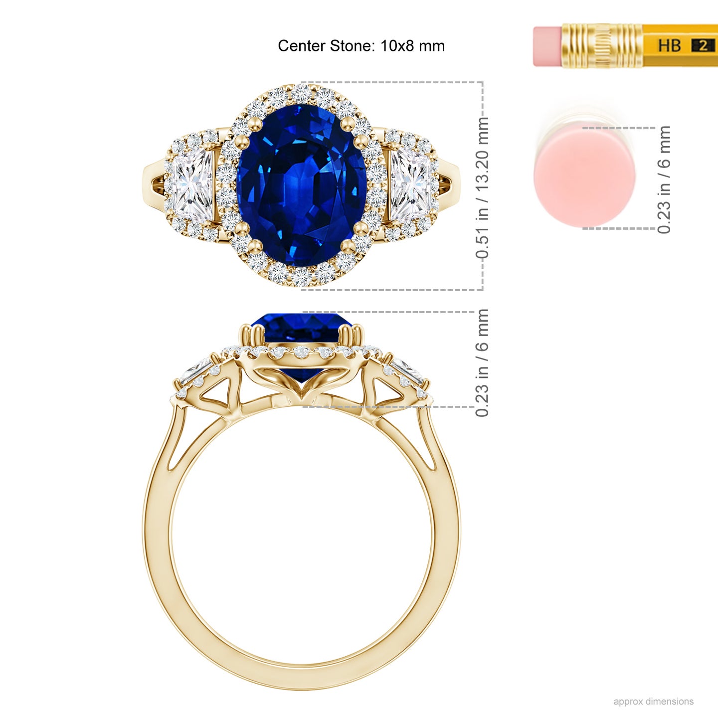 Three Stone Oval Lab-Grown Blue Sapphire and Trapezoid Diamond Halo Engagement Ring
