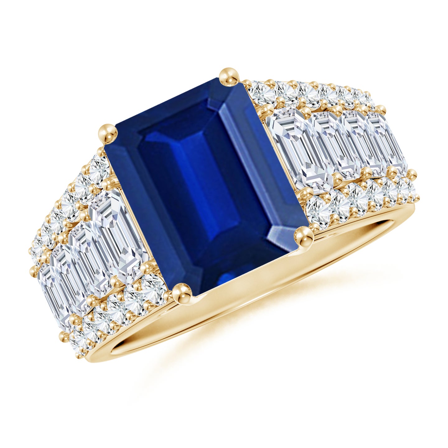 Emerald-Cut Lab-Grown Blue Sapphire Broad Engagement Ring with Accents