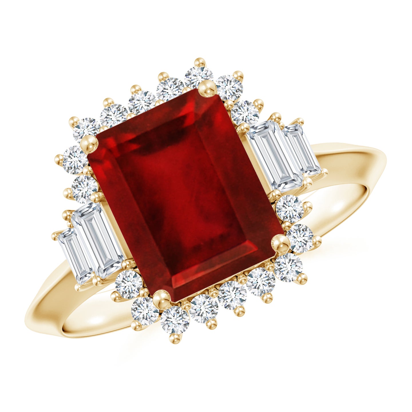 Emerald-Cut Ruby Halo Knife-Edge Shank Engagement Ring