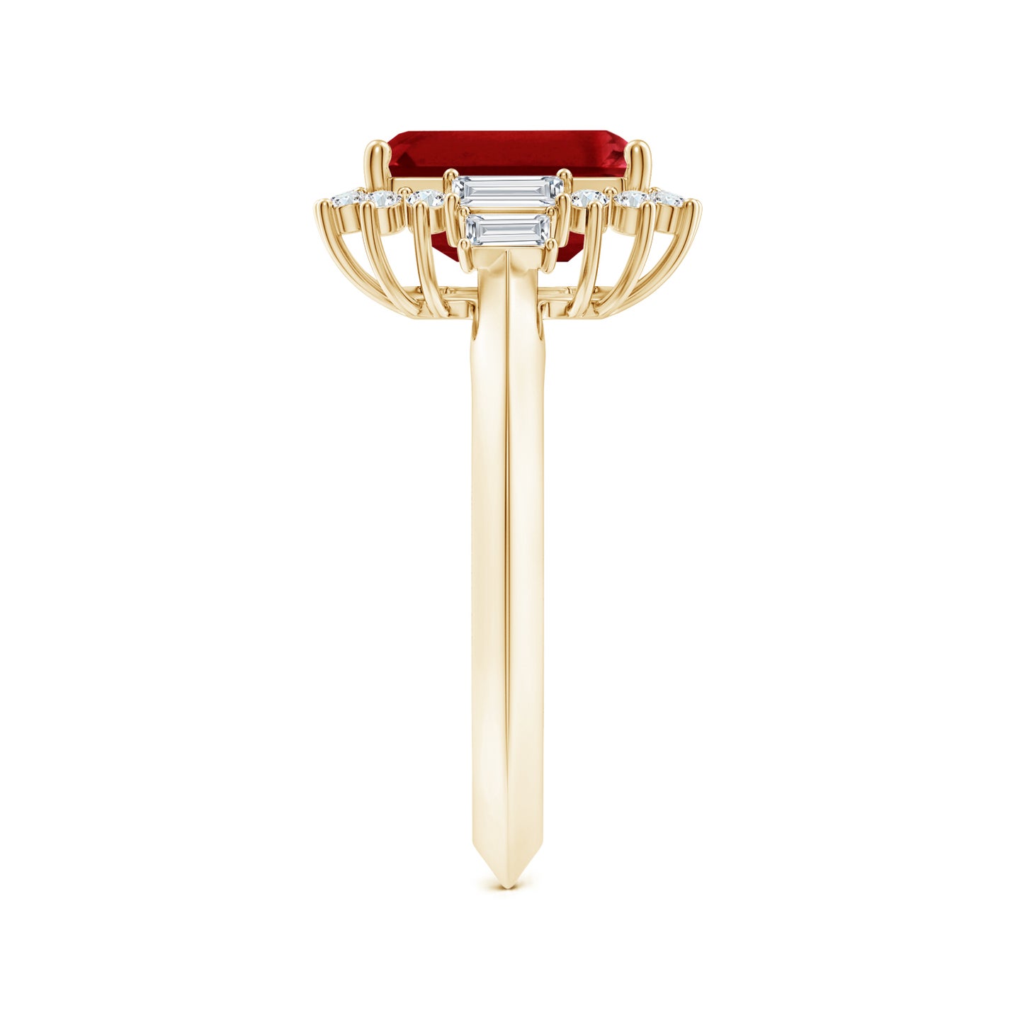 Emerald-Cut Ruby Halo Knife-Edge Shank Engagement Ring