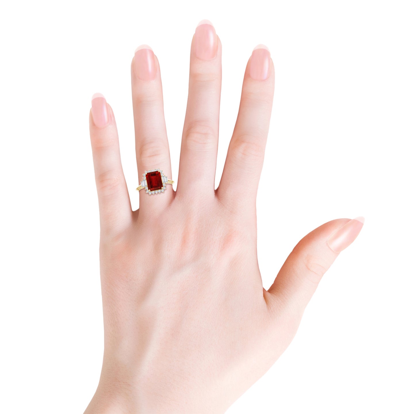 Emerald-Cut Ruby Halo Knife-Edge Shank Engagement Ring