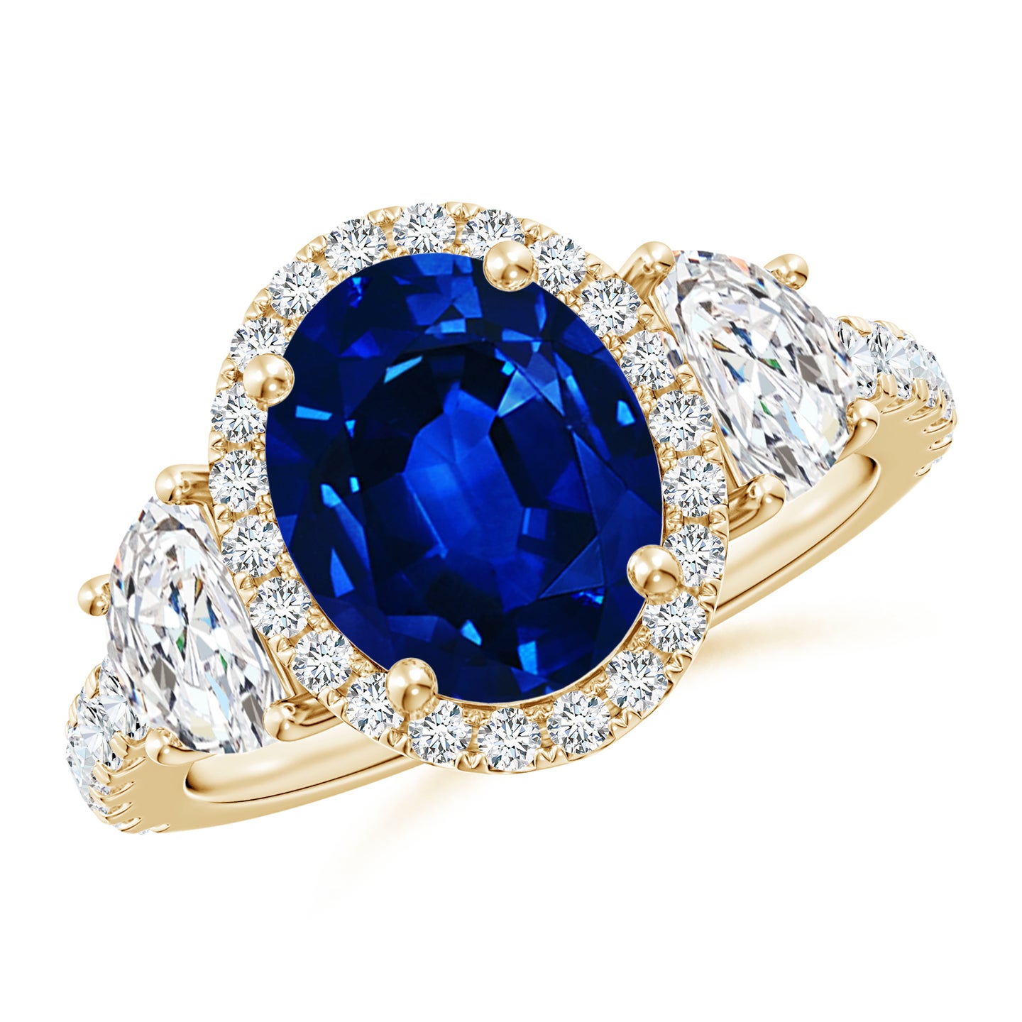 Oval Lab-Grown Blue Sapphire and Half Moon Diamond Halo Engagement Ring
