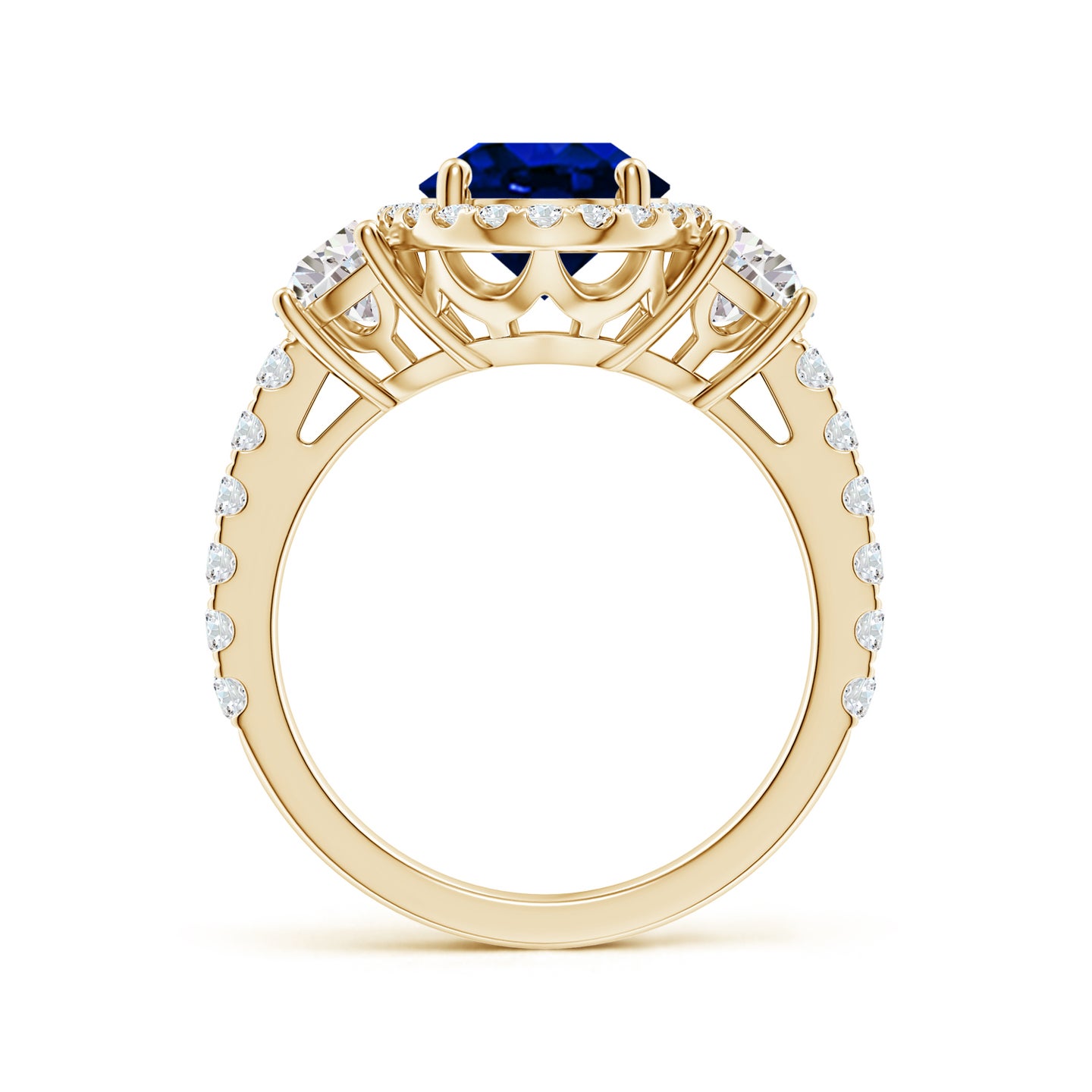 Oval Lab-Grown Blue Sapphire and Half Moon Diamond Halo Engagement Ring