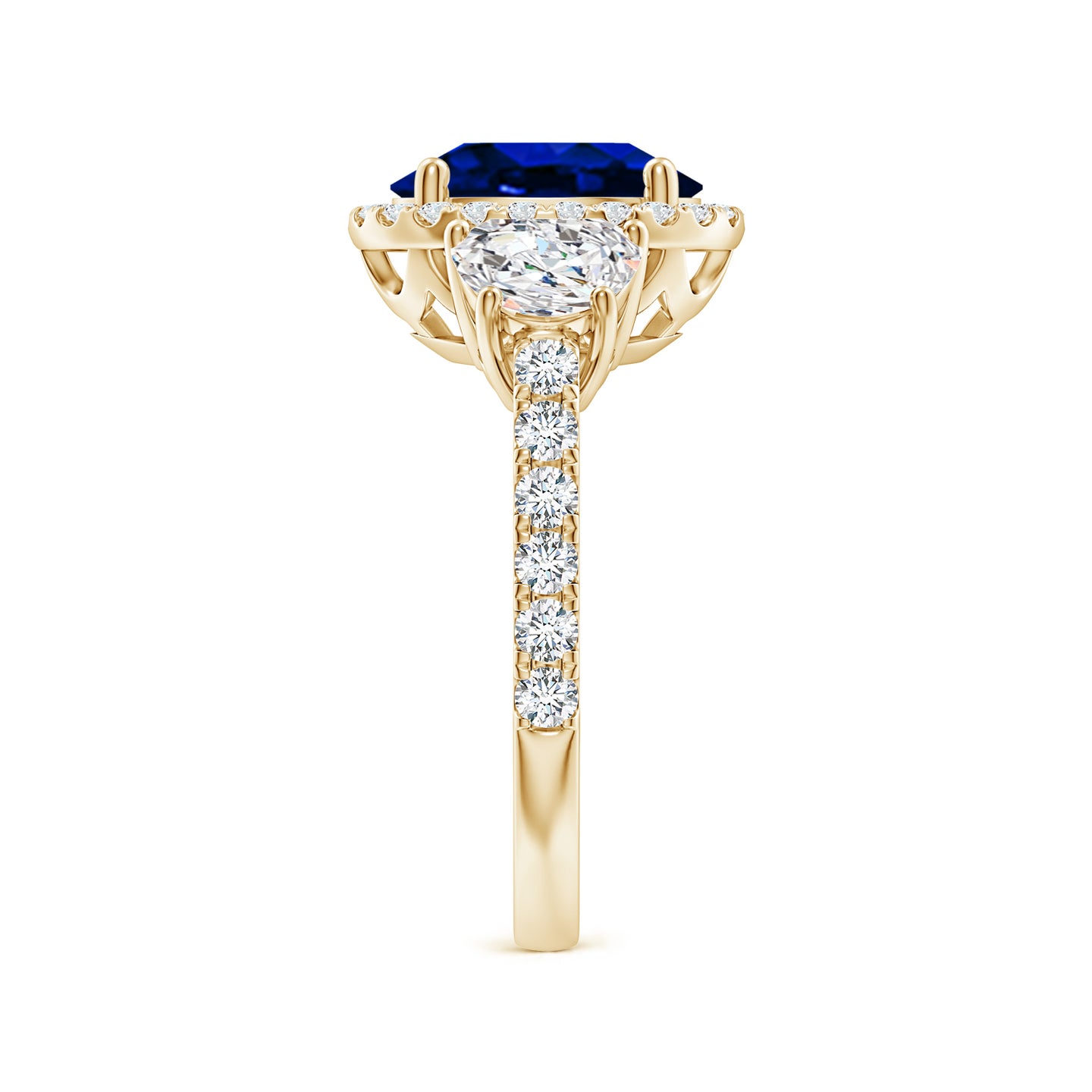 Oval Lab-Grown Blue Sapphire and Half Moon Diamond Halo Engagement Ring