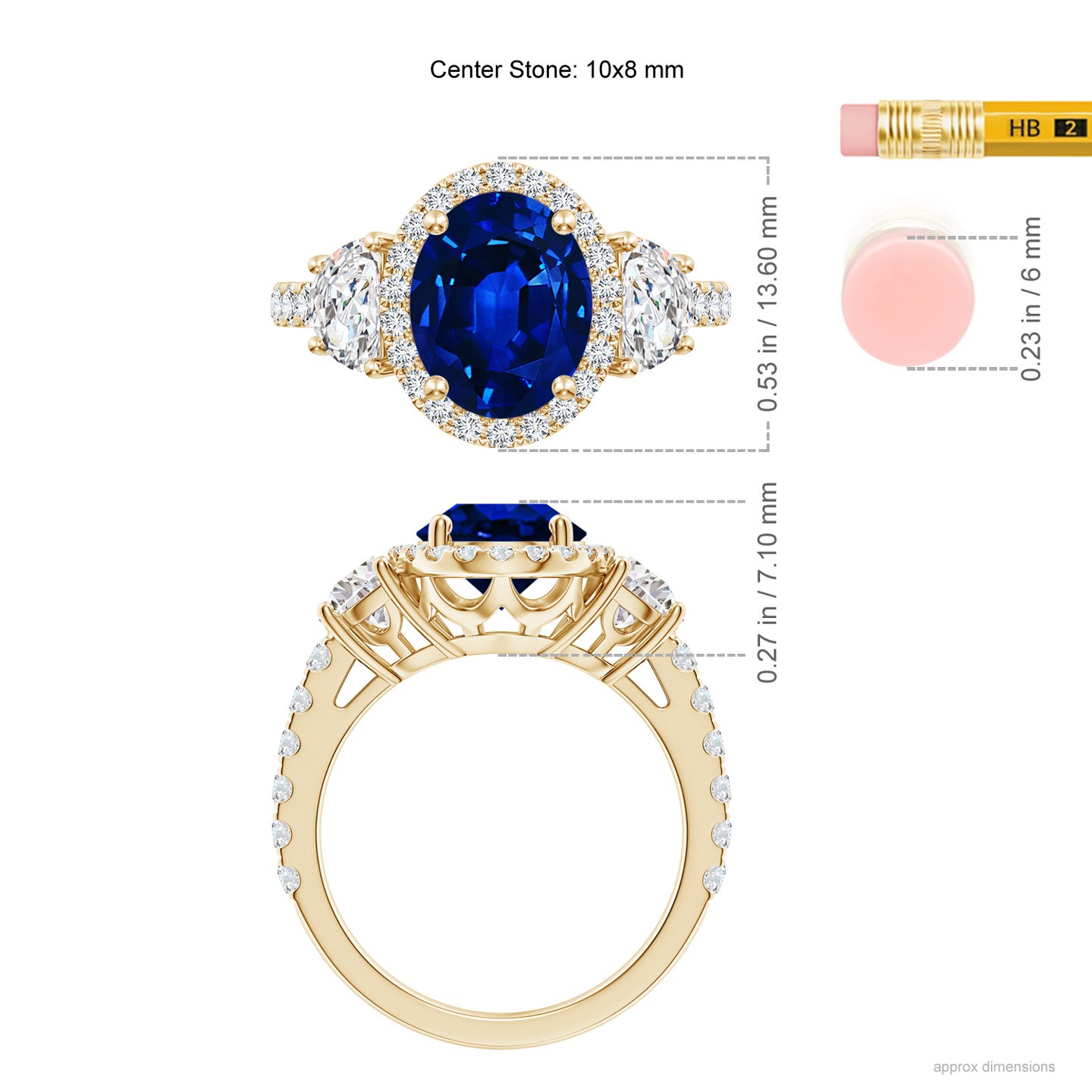 Oval Lab-Grown Blue Sapphire and Half Moon Diamond Halo Engagement Ring