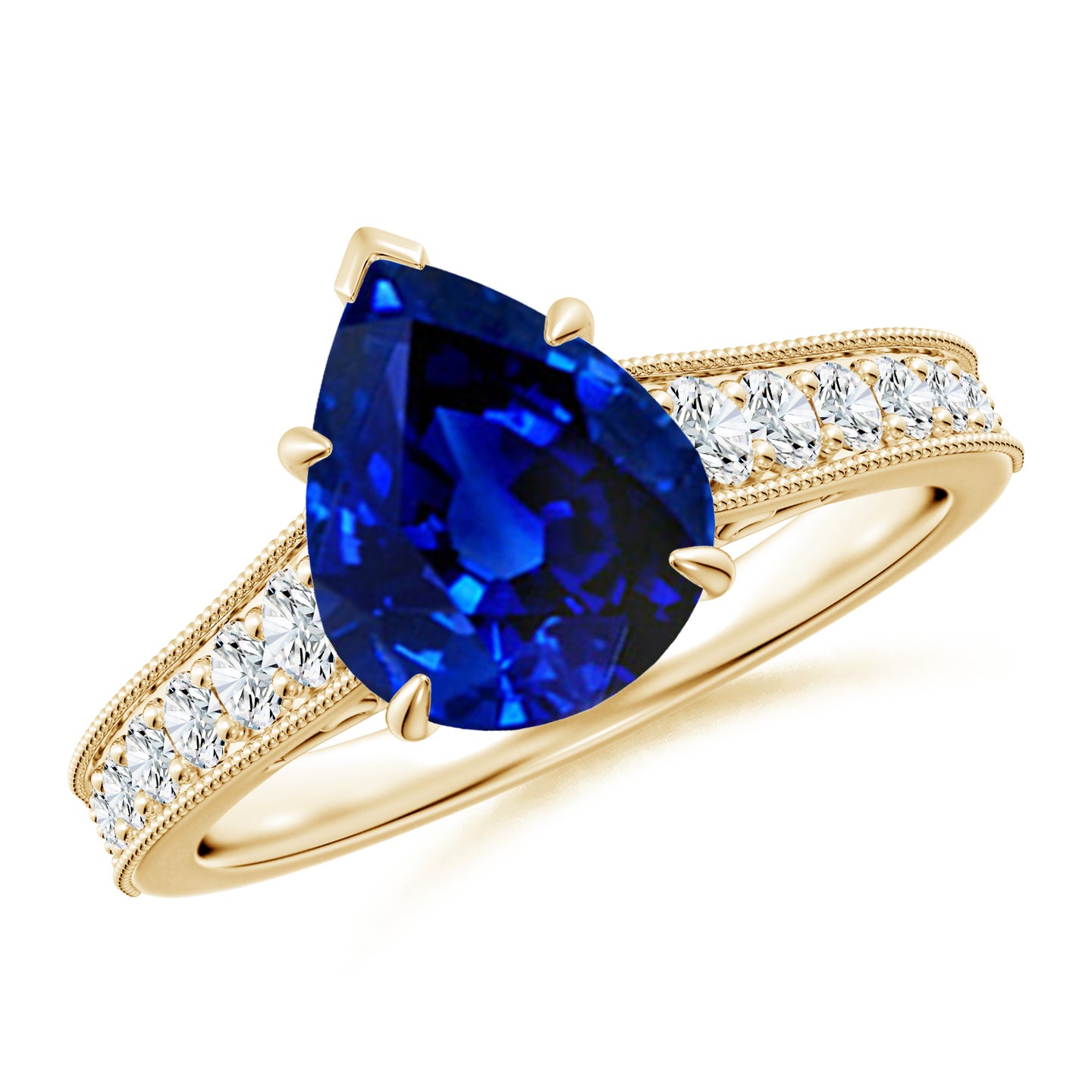 Vintage Inspired Pear-Shaped Lab-Grown Blue Sapphire Engagement Ring with Milgrain