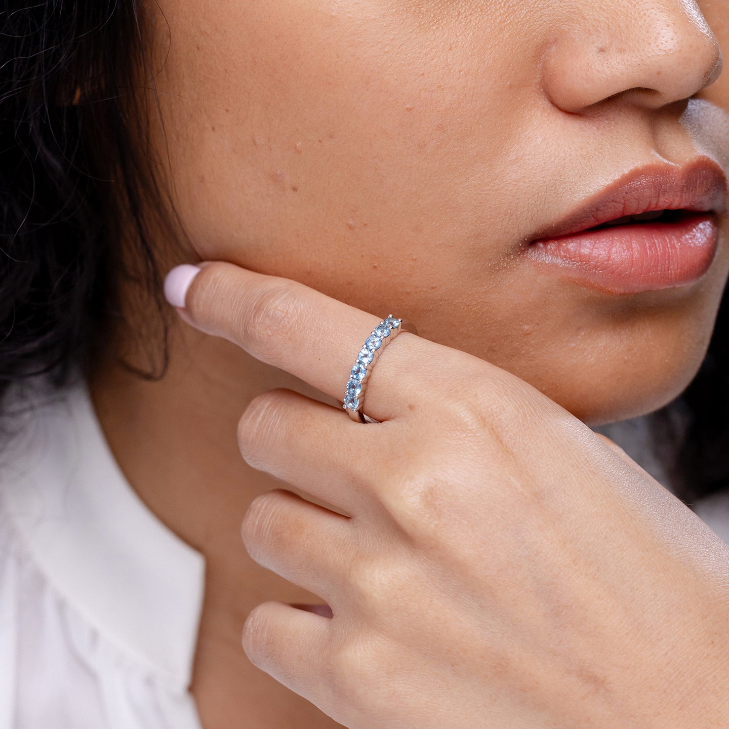 Half Eternity Seven Stone Aquamarine Wedding Ring