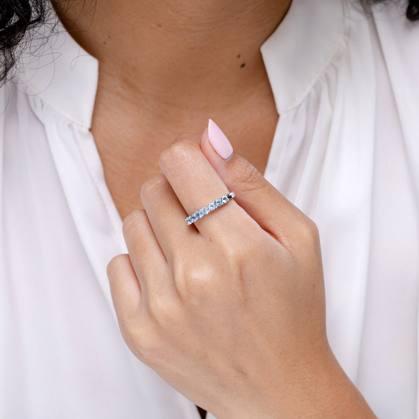 Half Eternity Seven Stone Aquamarine Wedding Ring