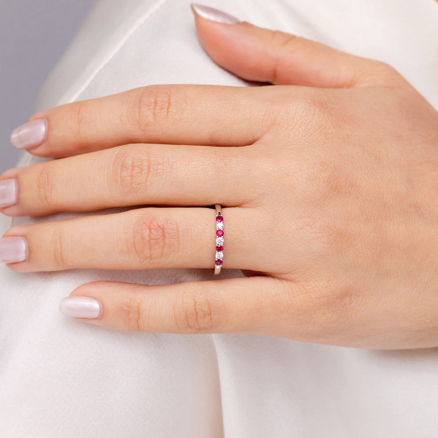 Half Eternity Seven Stone Ruby and Diamond Wedding Ring