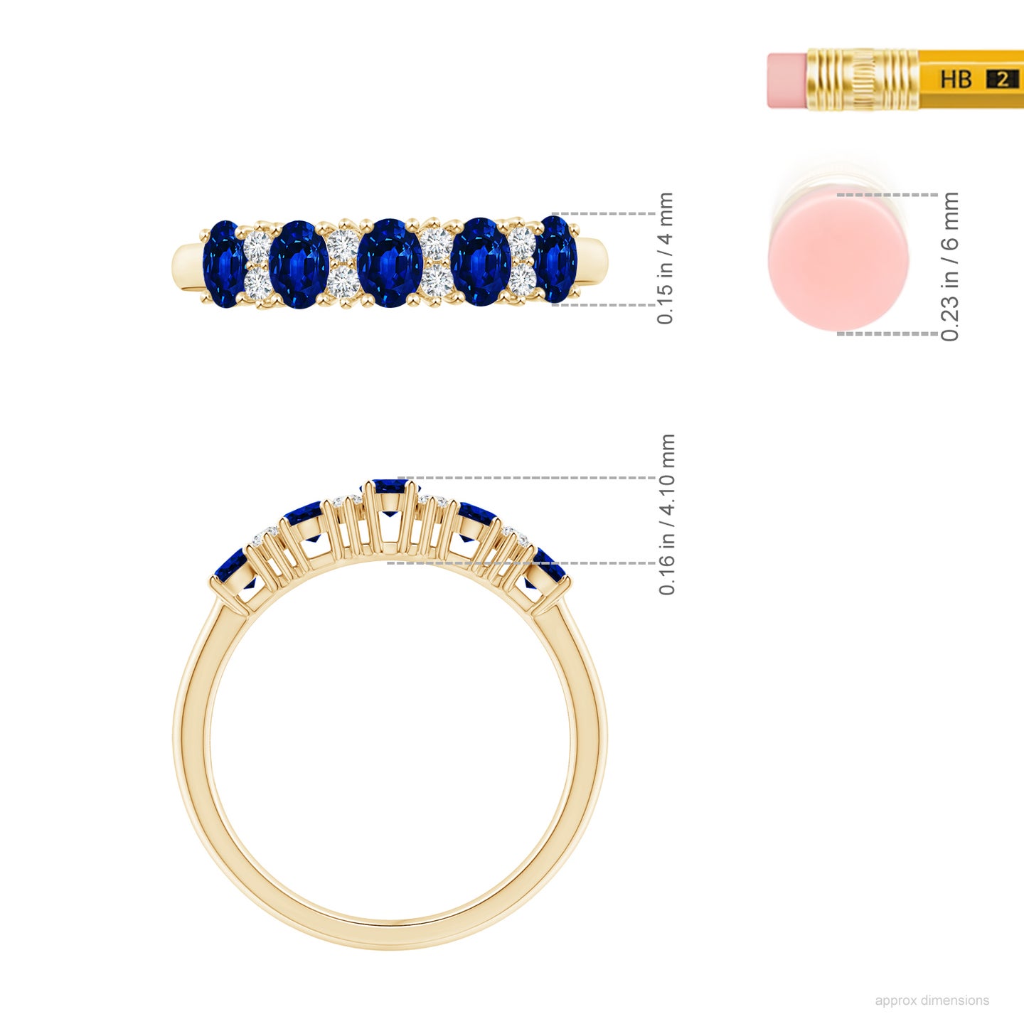 4x3mm AAAA Five Stone Blue Sapphire and Diamond Wedding Ring in Yellow Gold