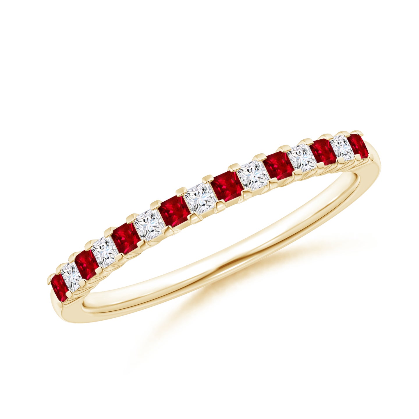 Square Ruby and Princess Diamond Semi Eternity Classic Wedding Ring