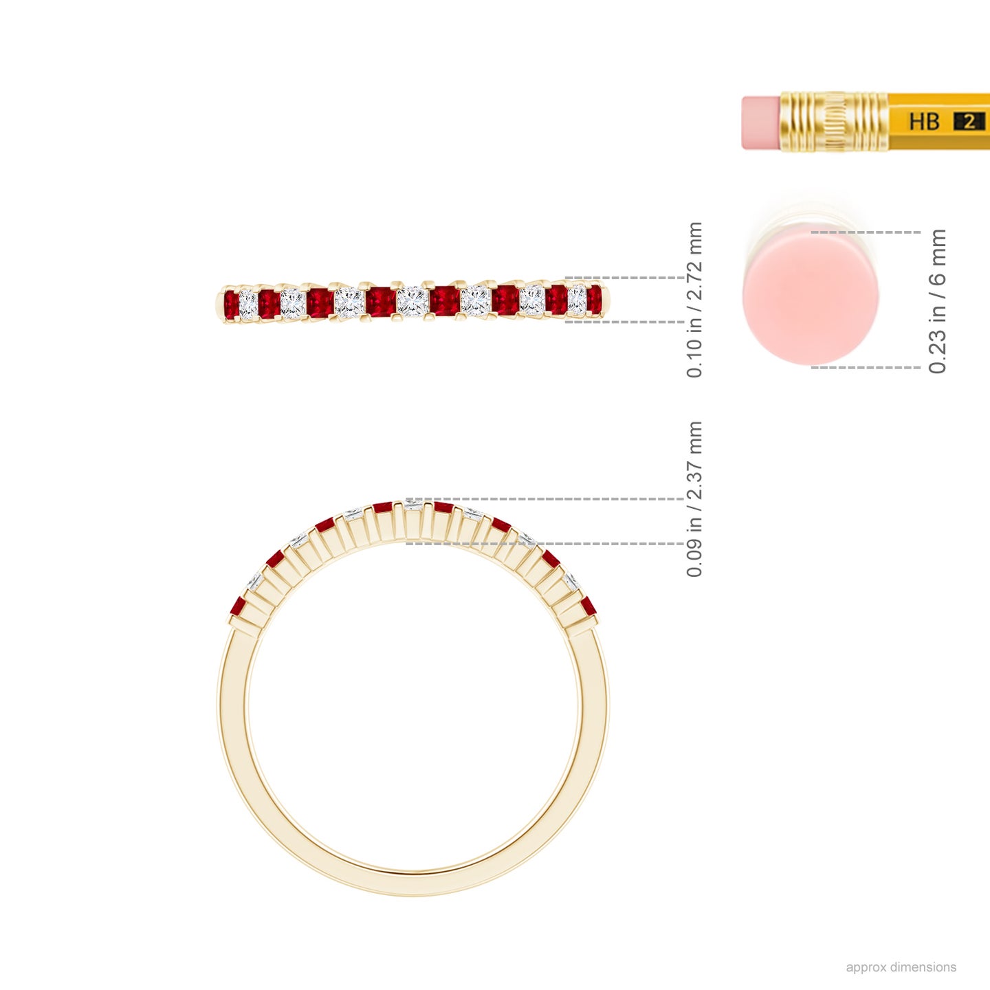 Square Ruby and Princess Diamond Semi Eternity Classic Wedding Ring