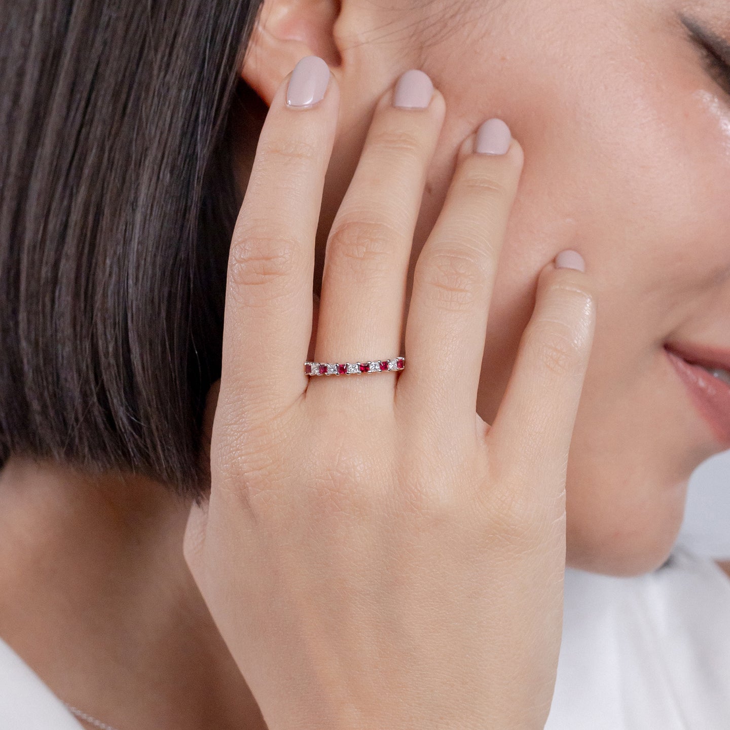 Square Ruby and Princess Diamond Semi Eternity Classic Wedding Ring