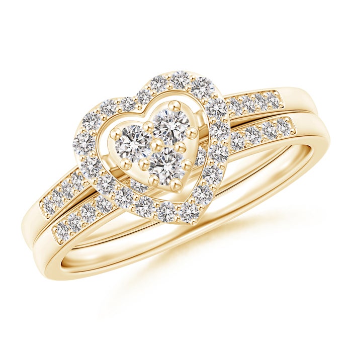 2.4mm II1 Floating Trio Diamond Heart Halo Bridal Set in Yellow Gold